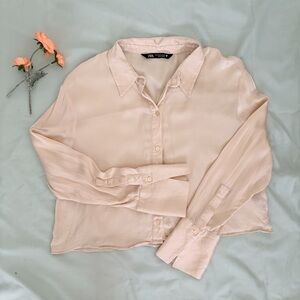 Zara Champagne Cream Satin Effect Button Down - Silk Look / Wrinkle Free - M